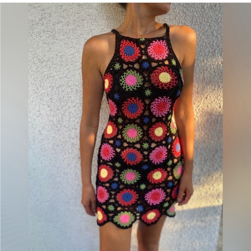 H&M Women Multicolor Sleeveless Round Neck Coachella Crochet Mini Dress Size XS
